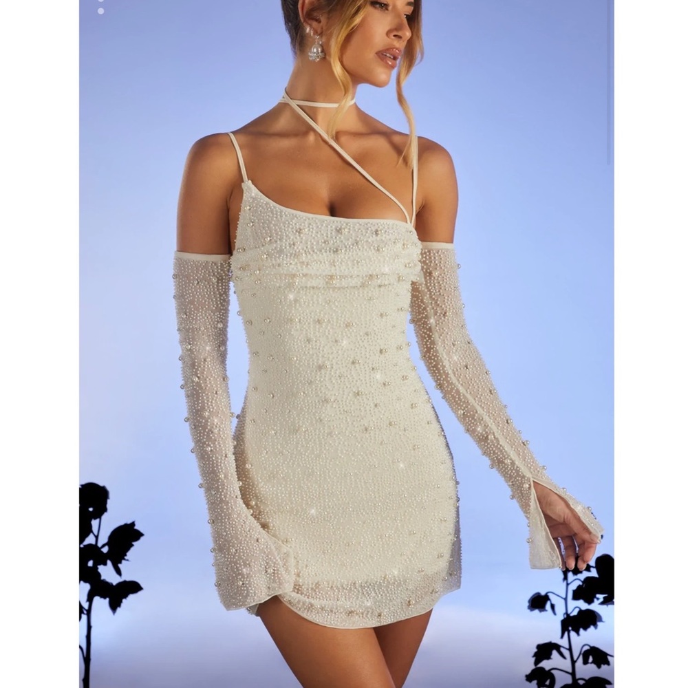 Embellished Asymmetric Corset Mini Dress in Ivory - Pearl, Size 2 - NEW